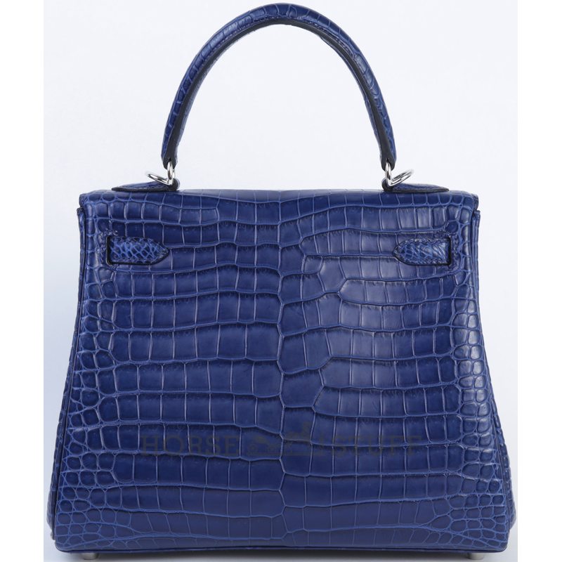 Hermès Kelly Retourne 25 Blue de Malte Matte Crocodile Porosus PHW