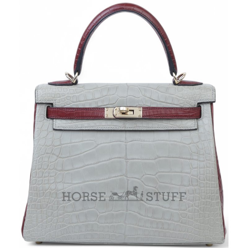 Hermes Kelly Retourne 25 Special Order HSS Gris Perle / Rouge H Matte Crocodile Alligator Permabrass HW
