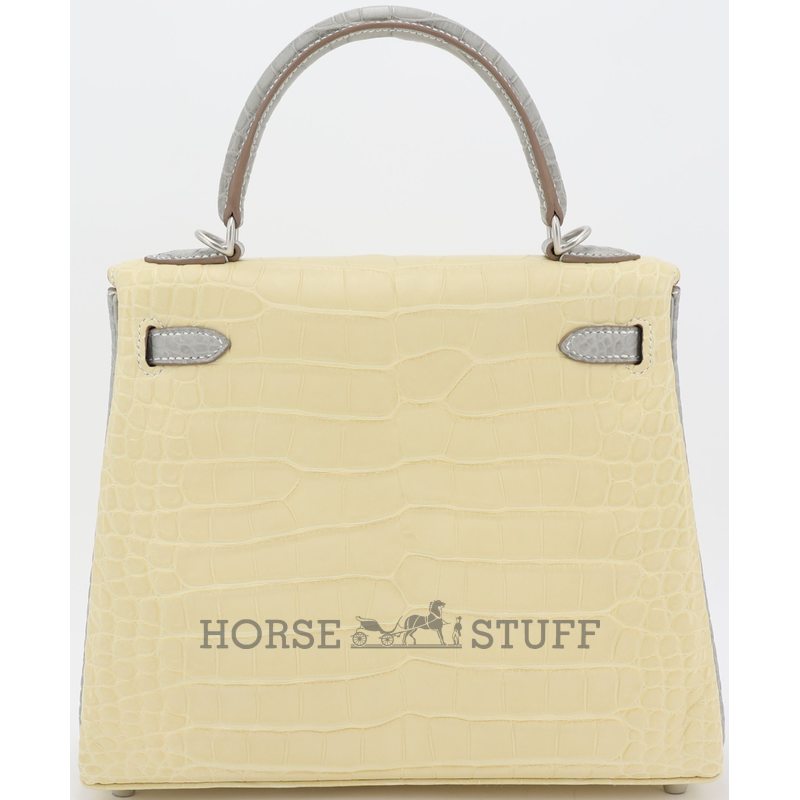 Hermes Kelly Retourne 25 Special Order HSS Vanilla / Gris Perle  Matte Crocodile Alligator BPHW