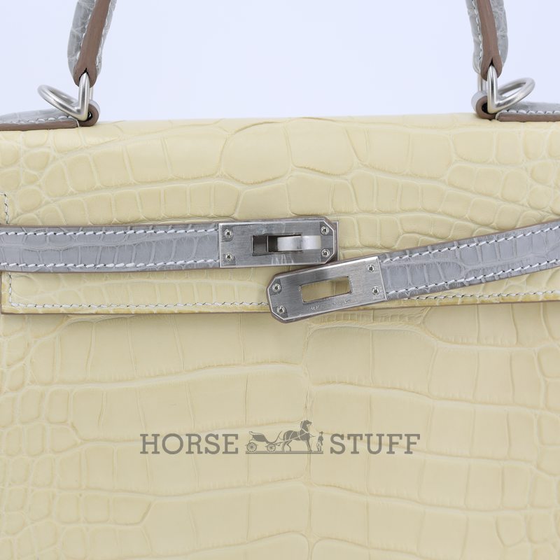Hermes Kelly Retourne 25 Special Order HSS Vanilla / Gris Perle  Matte Crocodile Alligator BPHW