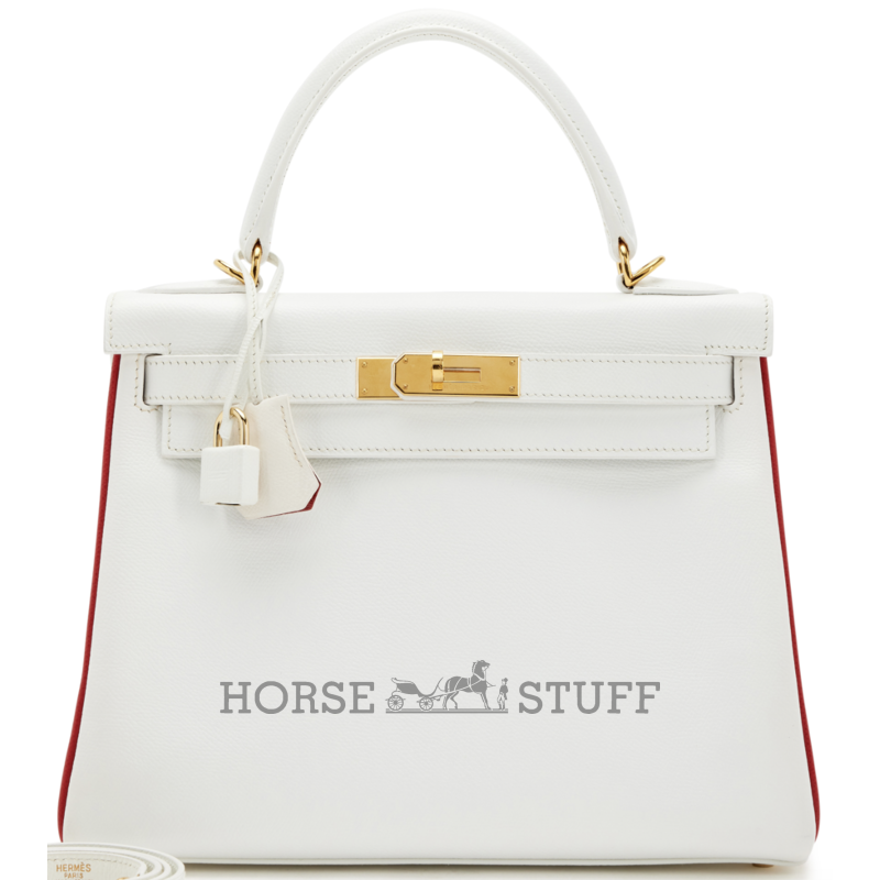 Hermès Kelly Retourne 25 Special Order HSS White / Rouge Casaque Epsom GHW