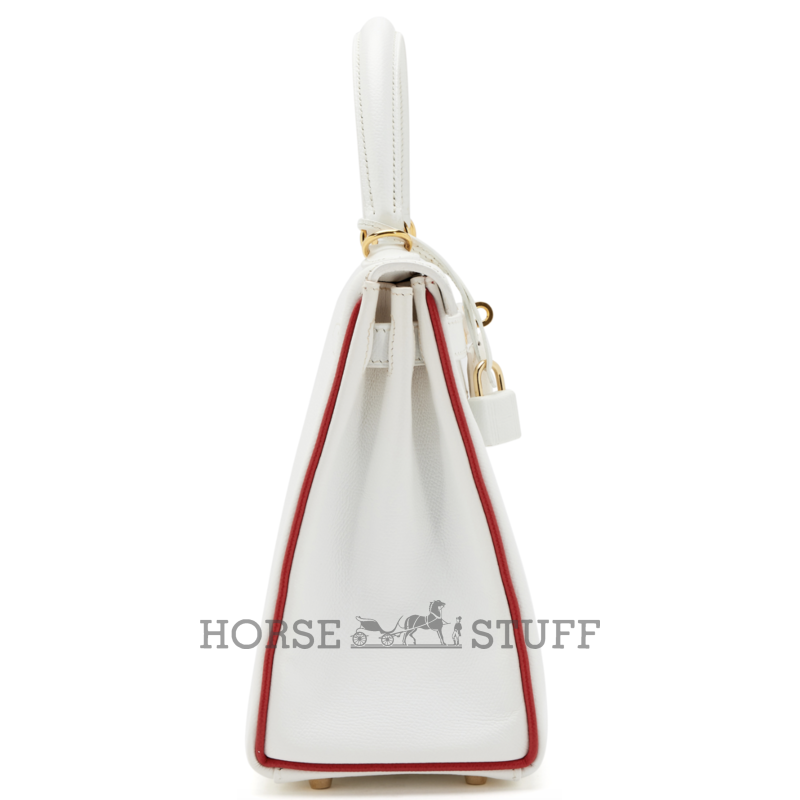 Hermès Kelly Retourne 25 Special Order HSS White / Rouge Casaque Epsom GHW