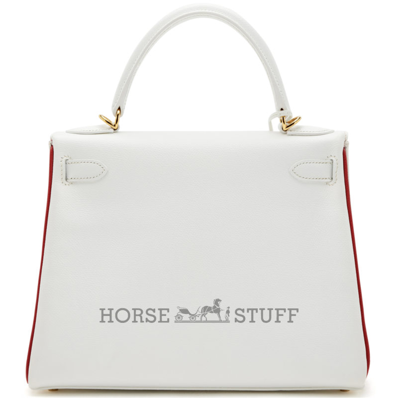 Hermès Kelly Retourne 25 Special Order HSS White / Rouge Casaque Epsom GHW