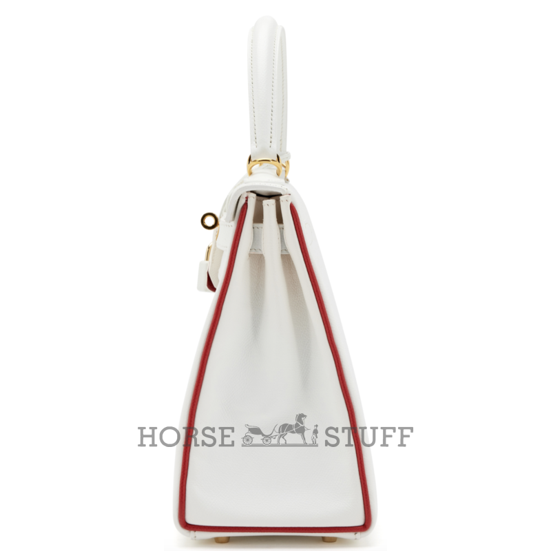 Hermès Kelly Retourne 25 Special Order HSS White / Rouge Casaque Epsom GHW