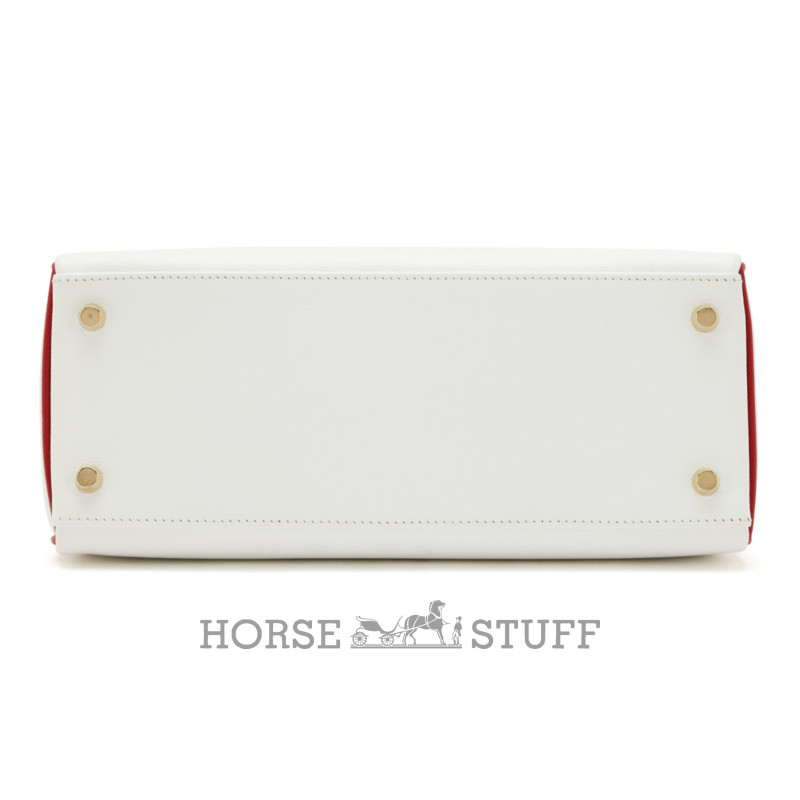 Hermès Kelly Retourne 25 Special Order HSS White / Rouge Casaque Epsom GHW