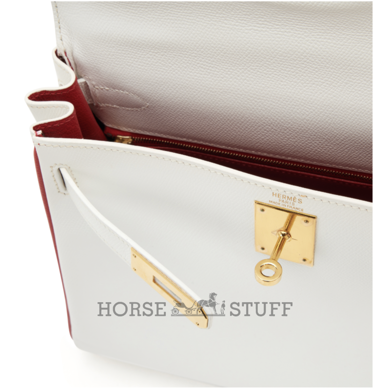 Hermès Kelly Retourne 25 Special Order HSS White / Rouge Casaque Epsom GHW