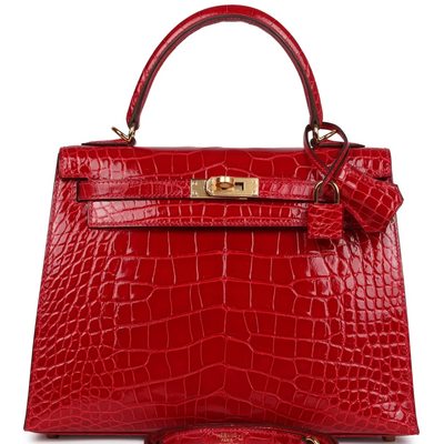 Hermès Kelly Sellier 25 Braise Shiny Crocodile Alligator GHW