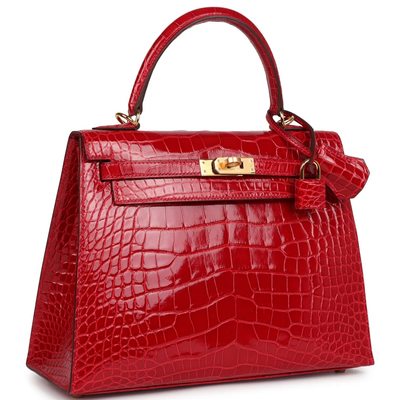 Hermès Kelly Sellier 25 Braise Shiny Crocodile Alligator GHW