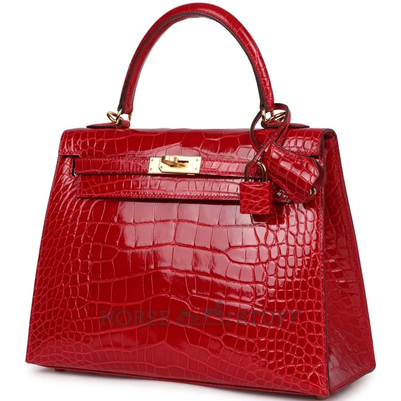 Hermès Kelly Sellier 25 Braise Shiny Crocodile Alligator GHW