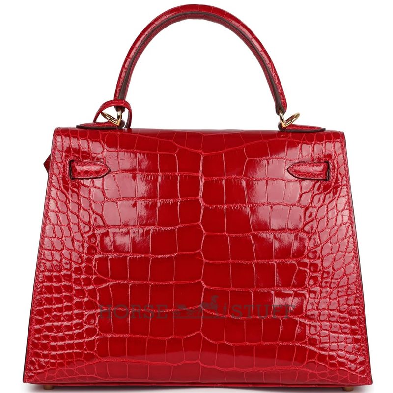 Hermès Kelly Sellier 25 Braise Shiny Crocodile Alligator GHW