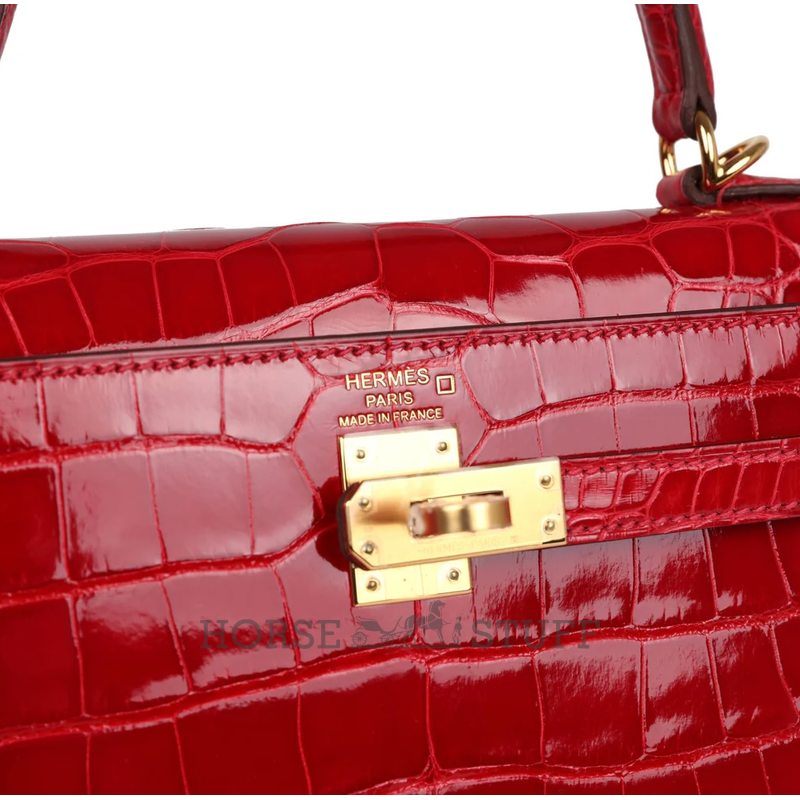 Hermès Kelly Sellier 25 Braise Shiny Crocodile Alligator GHW