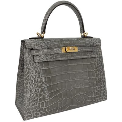 Hermès Kelly Sellier 25 Gris Ciment Shiny Crocodile Alligator GHW