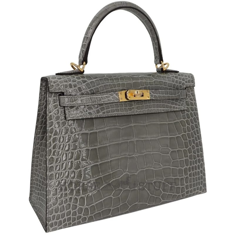 Hermès Kelly Sellier 25 Gris Ciment Shiny Crocodile Alligator GHW