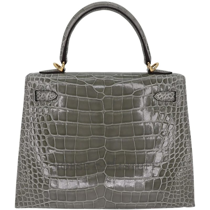 Hermès Kelly Sellier 25 Gris Ciment Shiny Crocodile Alligator GHW