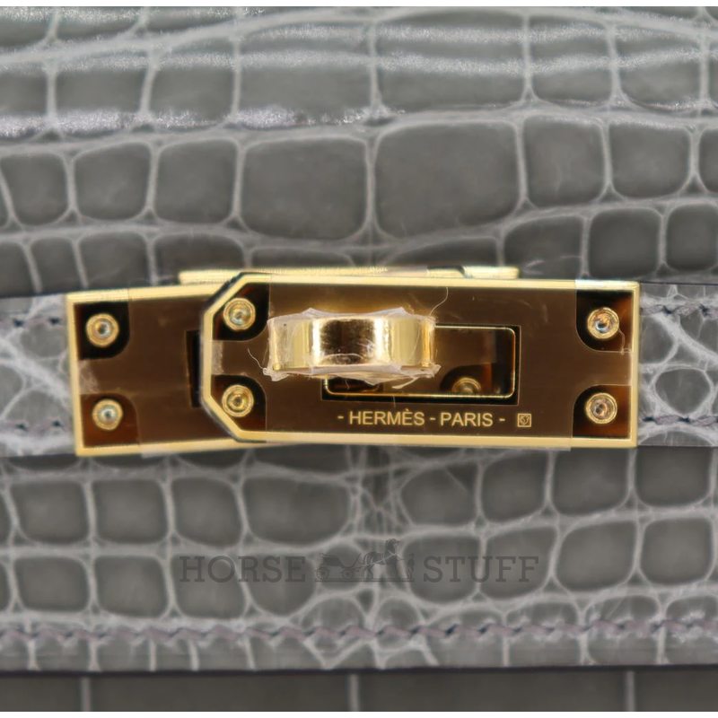 Hermès Kelly Sellier 25 Gris Ciment Shiny Crocodile Alligator GHW