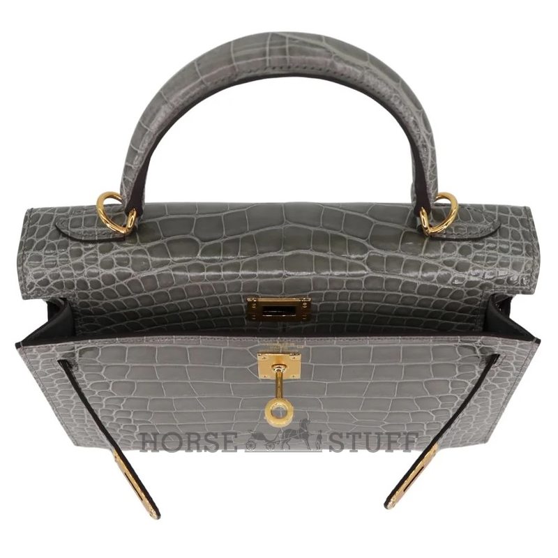 Hermès Kelly Sellier 25 Gris Ciment Shiny Crocodile Alligator GHW