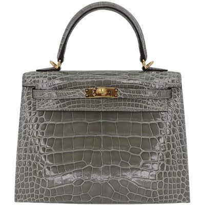 Hermès Kelly Sellier 25 Gris Ciment Shiny Crocodile Alligator GHW