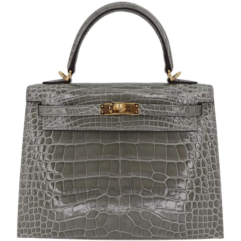 Hermès Kelly Sellier 25 Gris Ciment Shiny Crocodile Alligator GHW