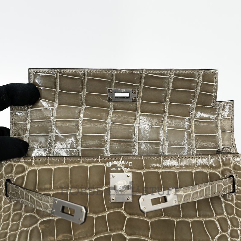 Hermès Kelly Sellier 25 Gris Tourterelle Shiny Crocodile Alligator BPHW