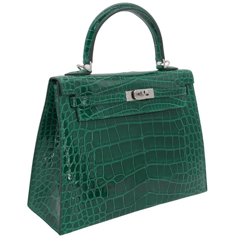 Hermès Kelly Sellier 25 Vert Emerald Shiny Crocodile Alligator PHW