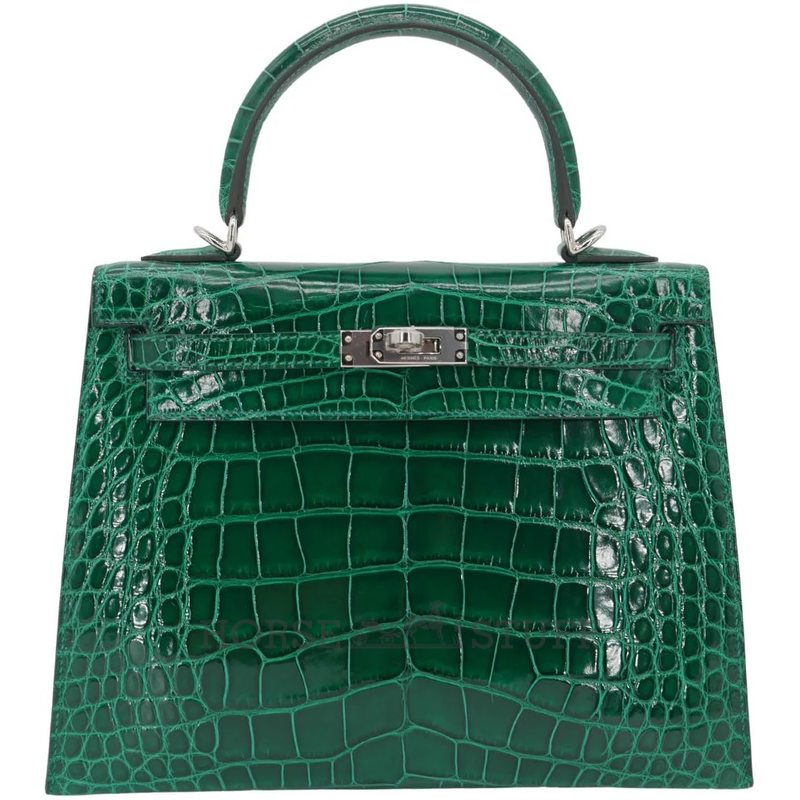 Hermès Kelly Sellier 25 Vert Emerald Shiny Crocodile Alligator PHW