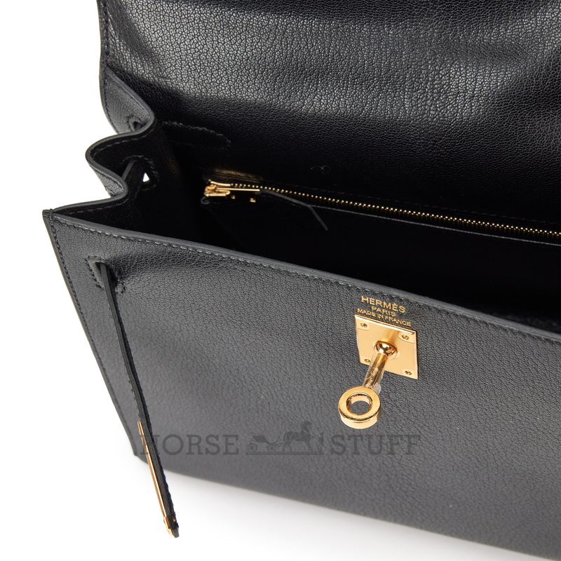 Hermès Kelly Sellier 25 Black Chèvre Mysore GHW