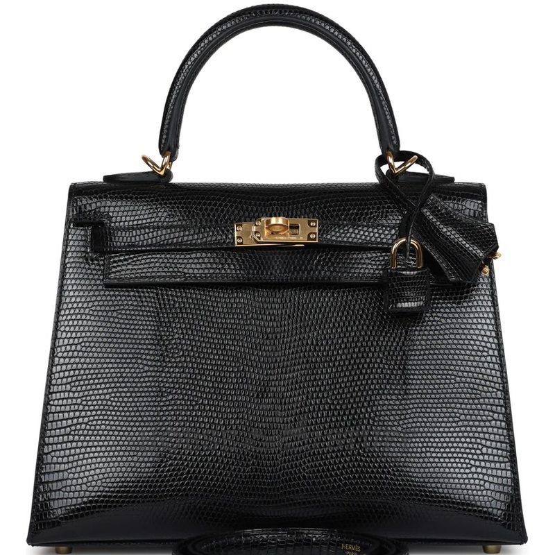 Hermès Kelly Sellier 25 Black Shiny Niloticus Lizard GHW