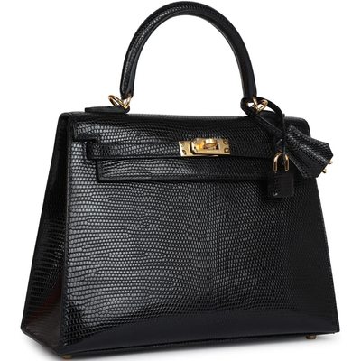 Hermès Kelly Sellier 25 Black Shiny Niloticus Lizard GHW