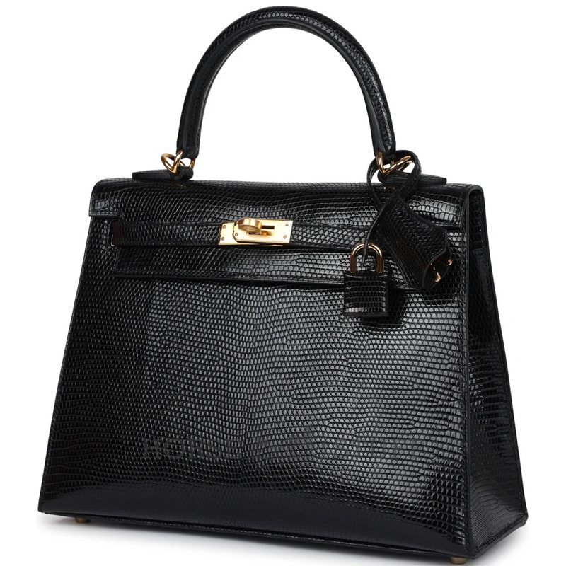 Hermès Kelly Sellier 25 Black Shiny Niloticus Lizard GHW