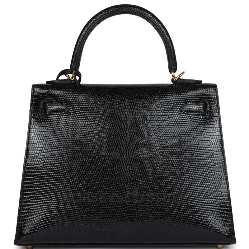 Hermès Kelly Sellier 25 Black Shiny Niloticus Lizard GHW