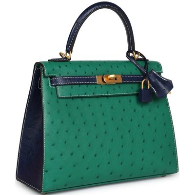 Hermès Kelly Sellier 25 Special Order HSS Vert Vertigo / Blue Iris Ostrich BGHW