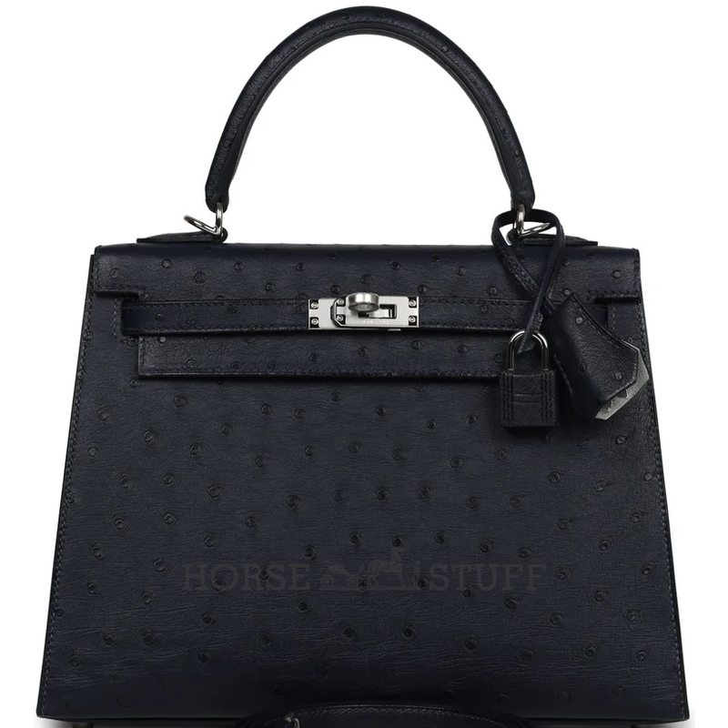 Hermès Kelly Sellier 25 Special Order HSS Verso Blue Indigo / Gris Perle Ostrich PHW
