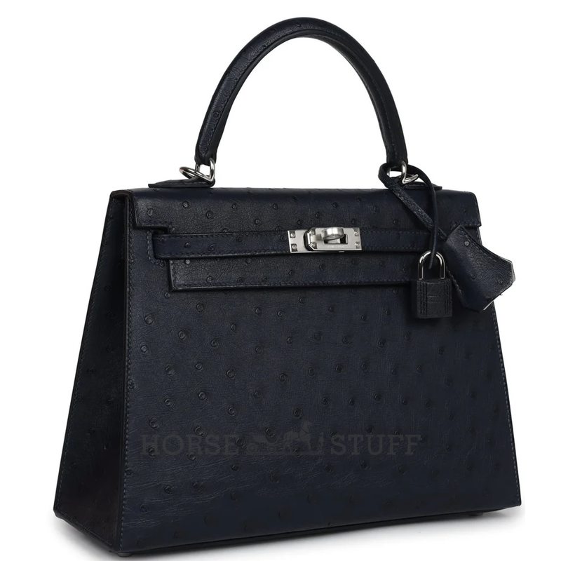 Hermès Kelly Sellier 25 Special Order HSS Verso Blue Indigo / Gris Perle Ostrich PHW