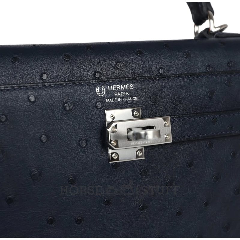 Hermès Kelly Sellier 25 Special Order HSS Verso Blue Indigo / Gris Perle Ostrich PHW