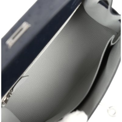 Hermès Kelly Sellier 25 Special Order HSS Verso Blue Indigo / Gris Perle Ostrich PHW 