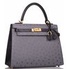 Hermès Kelly Sellier 25 Special Order HSS Gris Agate / Blue Indigo Ostrich BGHW