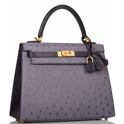 Hermès Kelly Sellier 25 Special Order HSS Gris Agate / Blue Indigo Ostrich BGHW