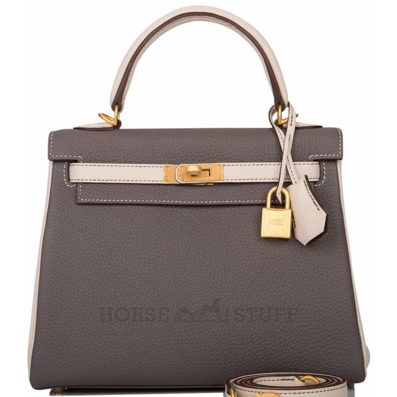 Hermès Kelly Retourne 25 Special Order HSS Etain / Craie Togo BGHW