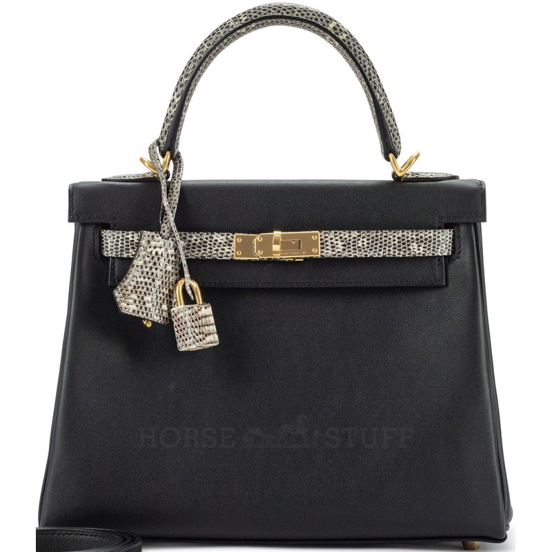 Hermes Kelly Retourne 25 Touch Black Swift / Ombre Shiny Salvatore Varanus Lizard GHW