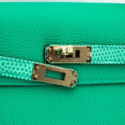 Hermes Kelly Retourne 25 Touch Menthe Togo / Shiny Niloticus Lizard Permabrass HW