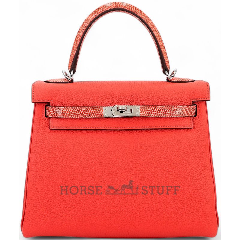Hermes Kelly Retourne 25 Touch Orange Poppy Togo / Shiny Niloticus Lizard PHW