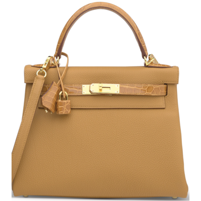 Hermes Kelly Retourne 25 Touch Tabac Camel Togo / Caramel Lisse Crocodile Niloticus GHW