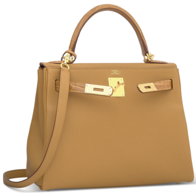 Hermes Kelly Retourne 25 Touch Tabac Camel Togo / Caramel Lisse Crocodile Niloticus GHW