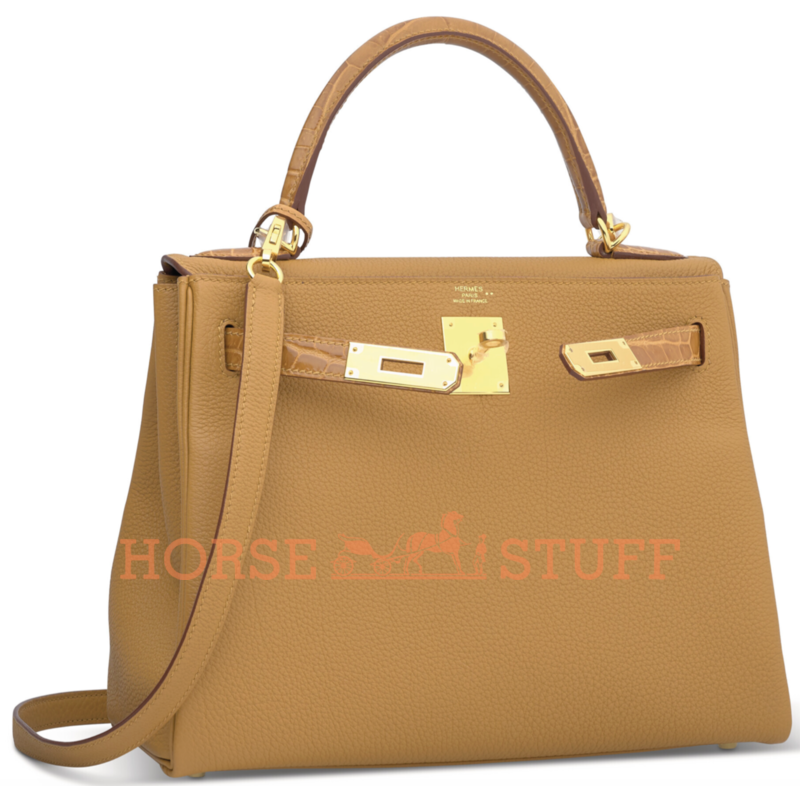 Hermes Kelly Retourne 25 Touch Tabac Camel Togo / Caramel Lisse Crocodile Niloticus GHW