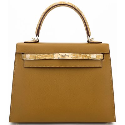 Hermes Kelly Sellier 25 Touch Bronze Dore Madame / Beige Sable Shiny Crocodile Niloticus Permabrass