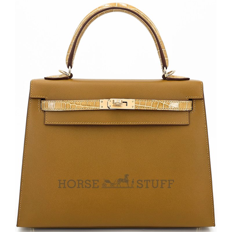 Hermes Kelly Sellier 25 Touch Bronze Dore Madame / Beige Sable Shiny Crocodile Niloticus Permabrass