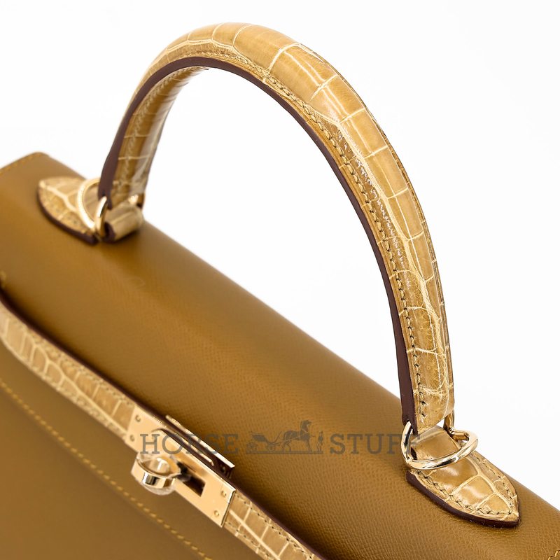 Hermes Kelly Sellier 25 Touch Bronze Dore Madame / Beige Sable Shiny Crocodile Niloticus Permabrass