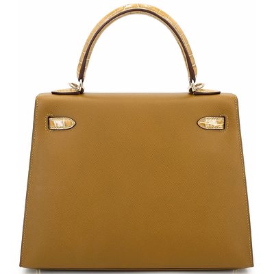 Hermes Kelly Sellier 25 Touch Bronze Dore Madame / Beige Sable Shiny Crocodile Niloticus Permabrass
