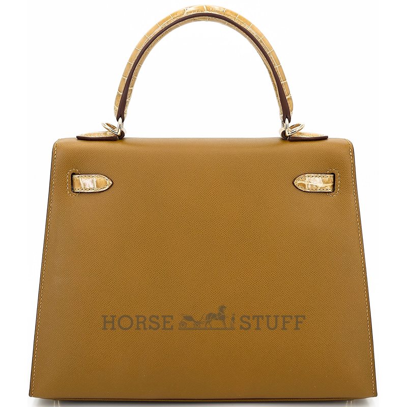 Hermes Kelly Sellier 25 Touch Bronze Dore Madame / Beige Sable Shiny Crocodile Niloticus Permabrass