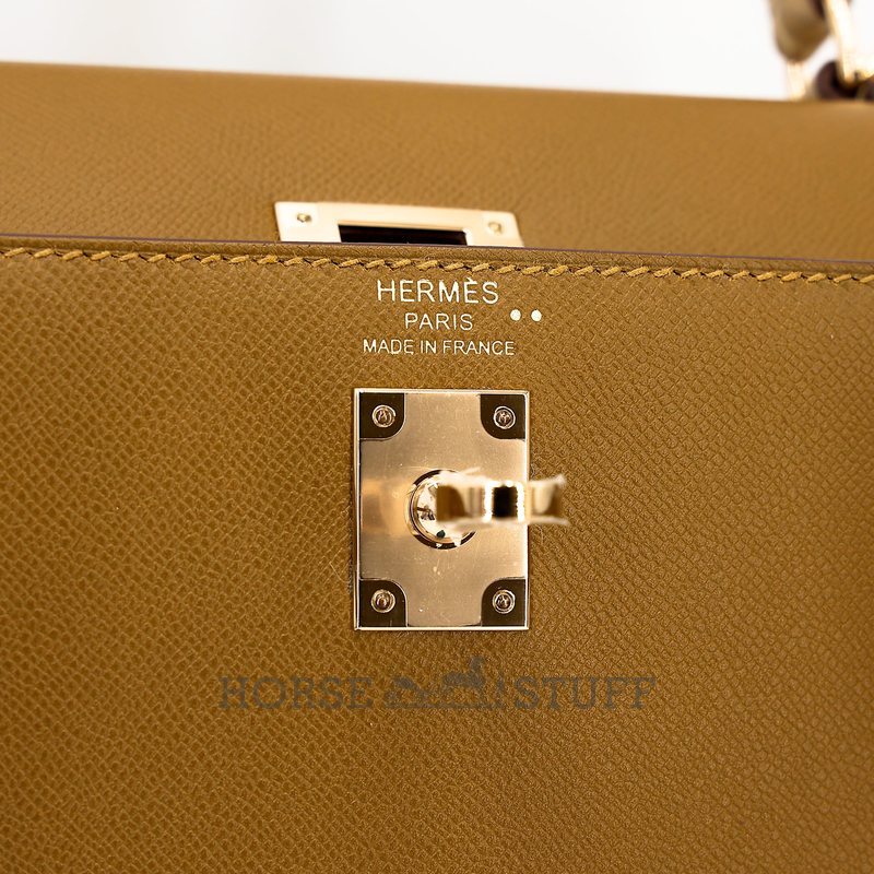 Hermes Kelly Sellier 25 Touch Bronze Dore Madame / Beige Sable Shiny Crocodile Niloticus Permabrass
